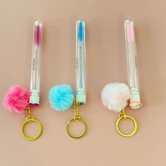 3pcs Tube Eyelash Brush/Spoolie with Furball & Gold Keychain | Mascara Wand - Picture 3 of 6
